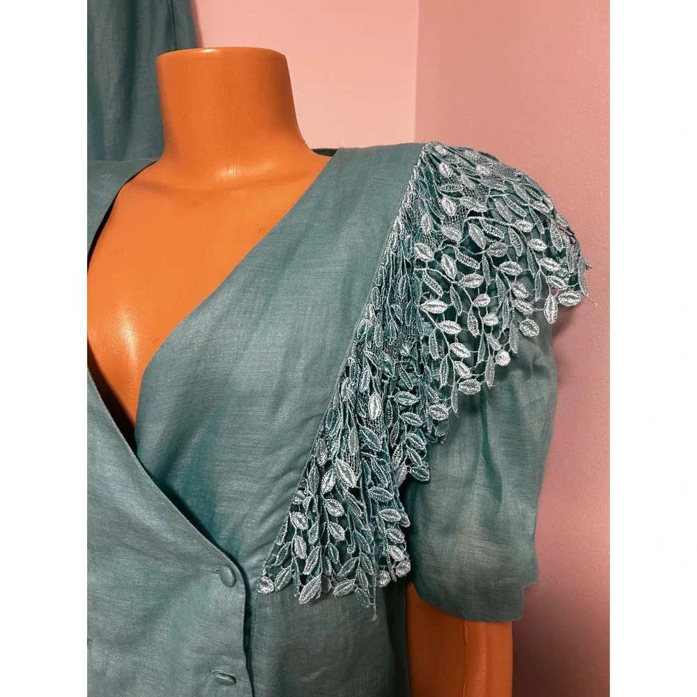 LERMAJ Vintage Teal Linen Blend Two Piece Set Lace Wrap Top Wide Leg Pants M/L